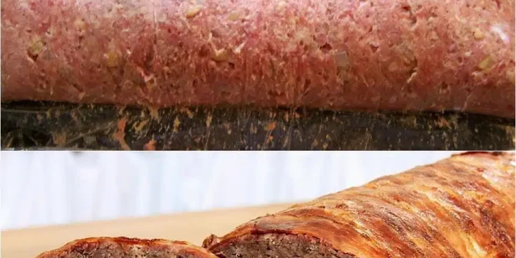 Bacon-Hackfleischrolle mit Schinken und Käse gefüllt