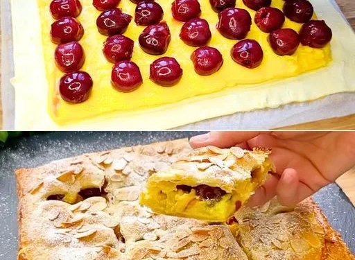 Blätterteigkuchen mit Creme und Amarena-Kirschen: Die süße Leckerei für den letzten Moment.