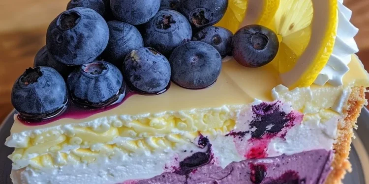 Genießen Sie die perfekte Harmonie von Zitrone und Blaubeere in diesem köstlichen Schichtkäsekuchen!