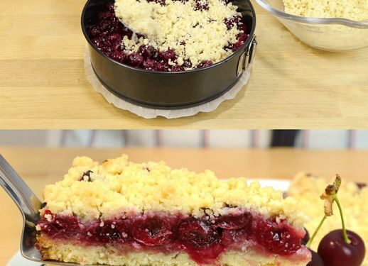 Kirsch Streuselkuchen mit Pudding und 1 Glas Kirschen