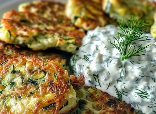 Zucchinipuffer mit Feta Knoblauch und Tzatziki in 15 Minuten