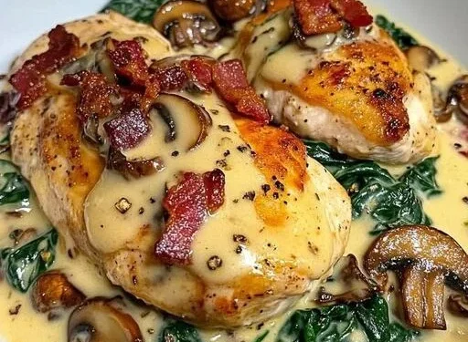 Spinat Hähnchen in leckere Champignons Knoblauchsauce