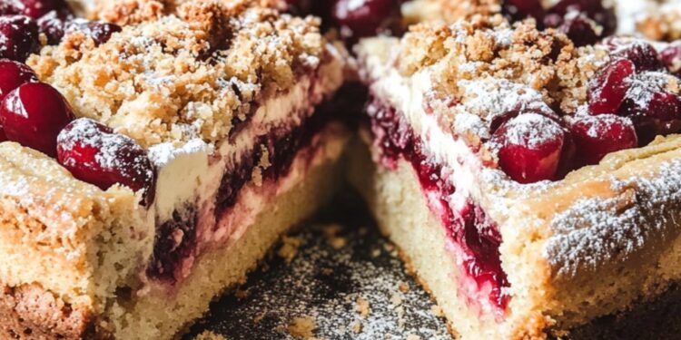 Feuerwehrkuchen mit Kirschen, Sahne & Streuseln