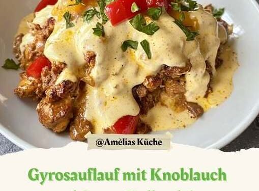 Gyrosauflauf mit Knoblauch und 2 Becher Sauce Hollandaise