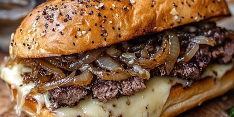Rindfleisch-Sandwich mit karamellisierten Zwiebeln und Käse