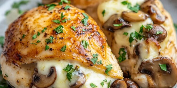 Käse-Knoblauch-Butter gefülltes Hähnchen mit Champignons