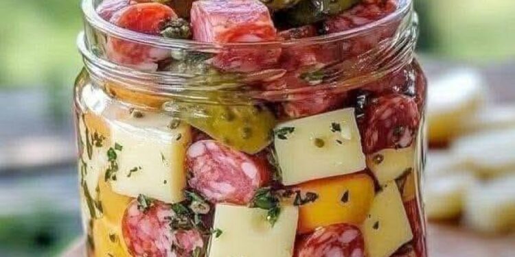 Leicht marinierte Käse-Vorspeise mit Salami und Gurken