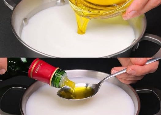 Das Olivenöl in die Milch gießen. Ich kaufe es nicht mehr im Laden. Einfach und schnell