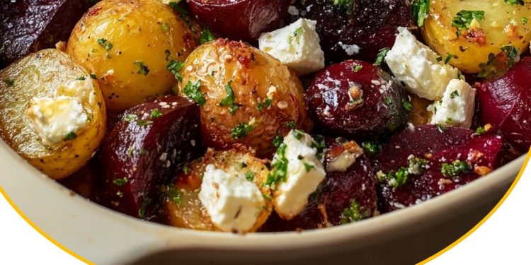 Ofenkartoffeln mit Roter Bete, Feta und karamellisierten Zwiebeln – bunt, aromatisch & aus einem Blech