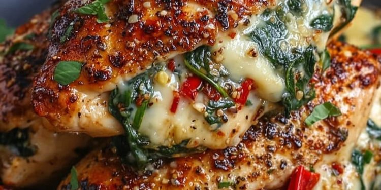 Gefüllte Hähnchenbrust mit gerösteten Paprika, Spinat und Mozzarella
