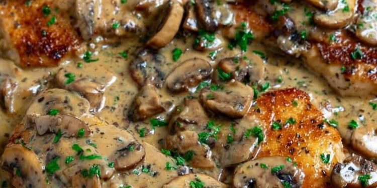 Hähnchen mit Champignons in cremiger Asiago-Senf-Sauce