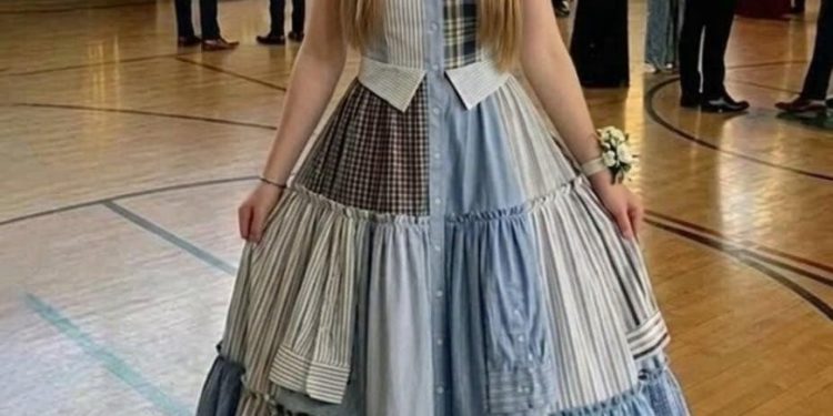 Ich habe zu Ehren meines Vaters ein Kleid aus seinen Hemden für den Abschlussball genäht – meine Klassenkameraden lachten, bis der Direktor das Mikrofon ergriff und es im Raum still wurde.